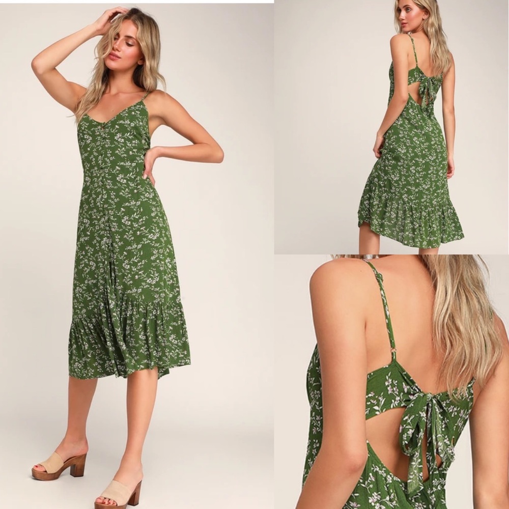 Lulu’s Missie Olive Green Floral Print Ruffled Tie-Back Midi Dress NWOT | Small